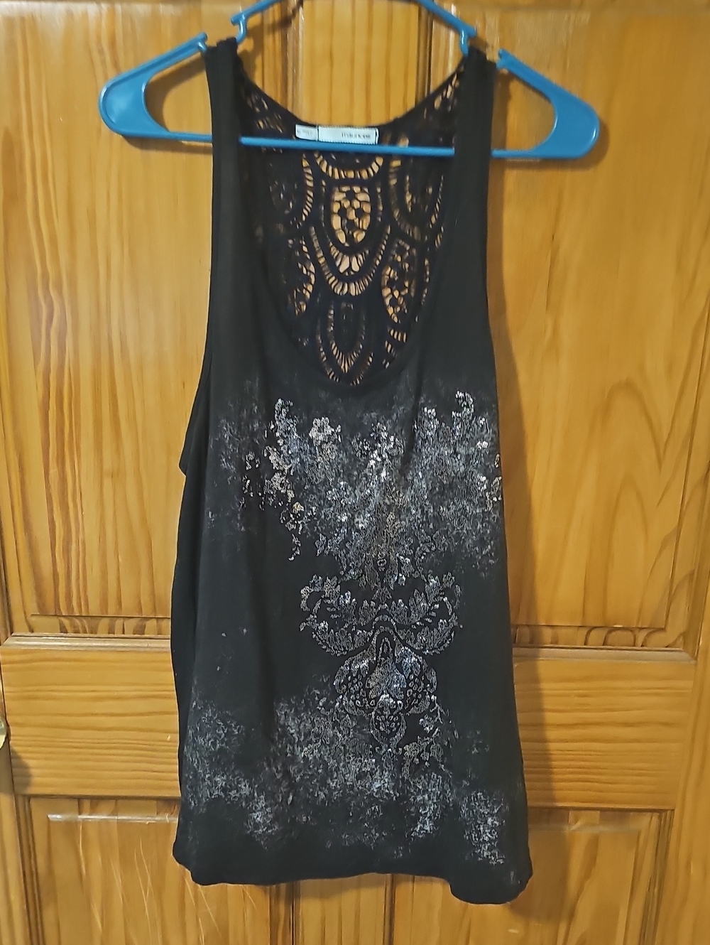 Maurices Black Lace-Back Graphic Tank with Silver Print
